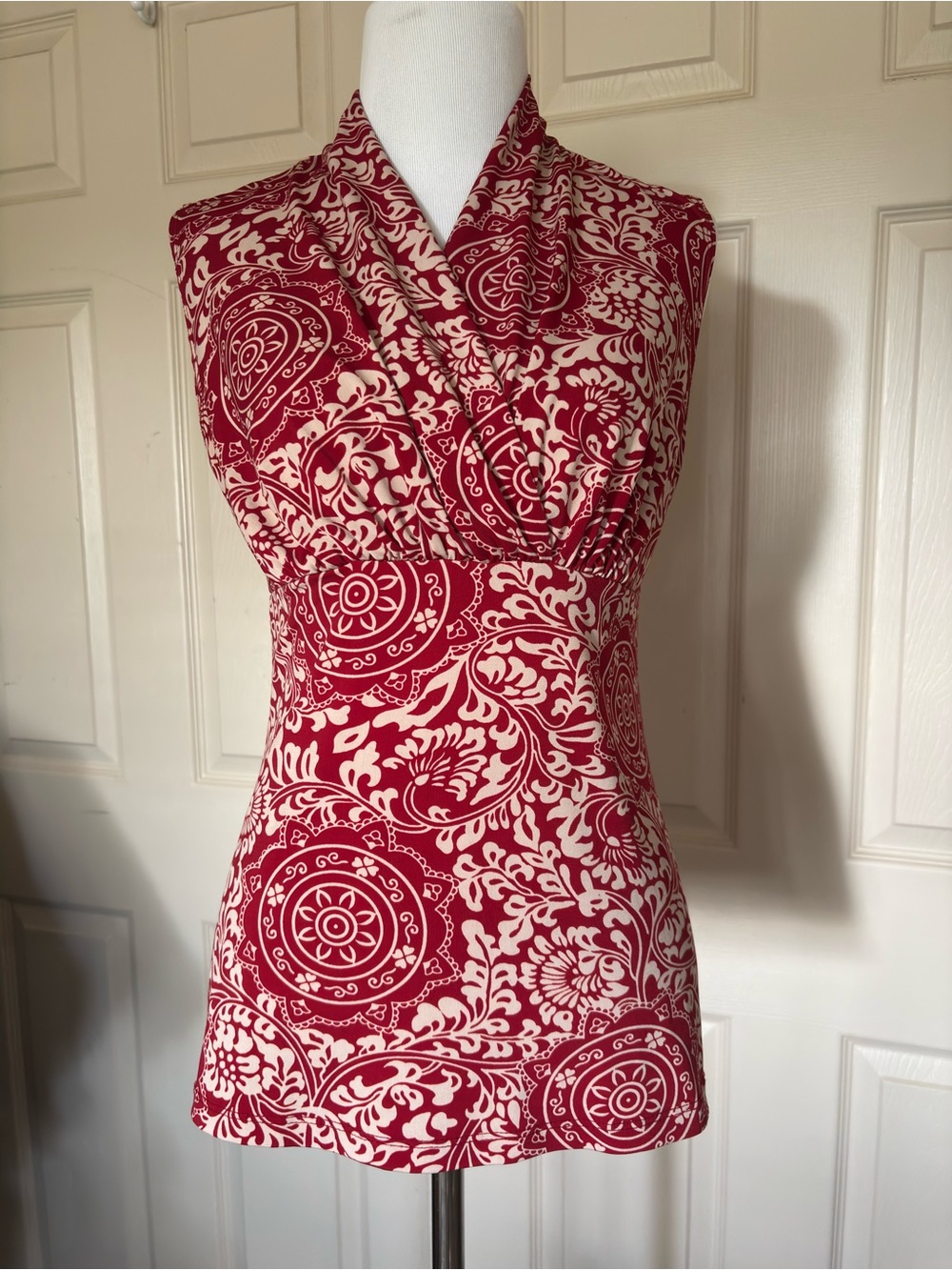 Sleeveless Red and Cream Printed Cowl-Neck Top